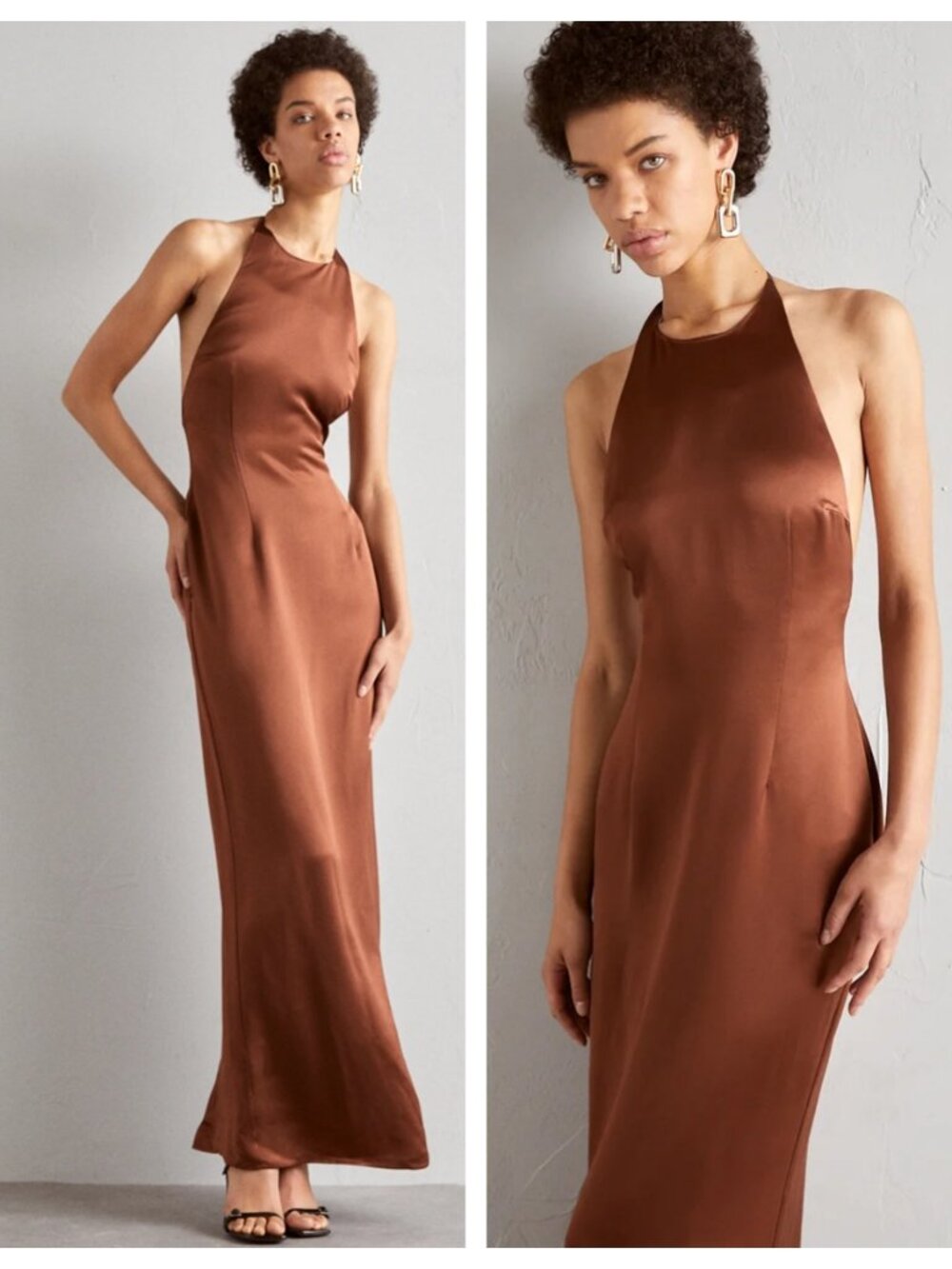 STAUD Janet Satin Halter Maxi Dress in Clove - Picture 2 of 8